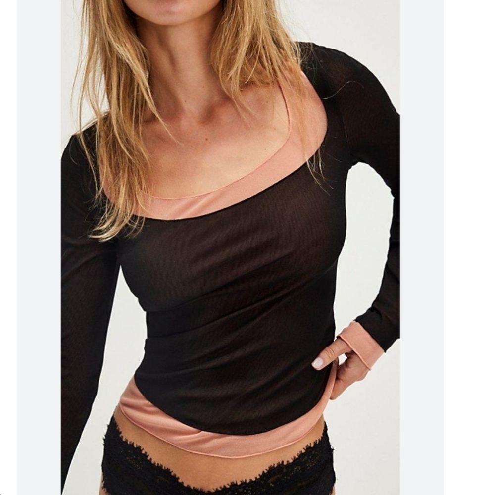 Free People Black and Pink Long Sleeve Mesh‎ Top